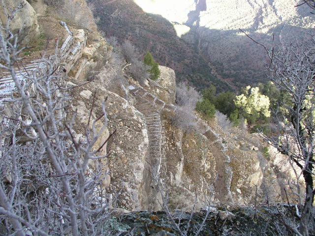 Numerous switchbacks take the Grandview Trail through the steep layer of Kaibab Limestone.