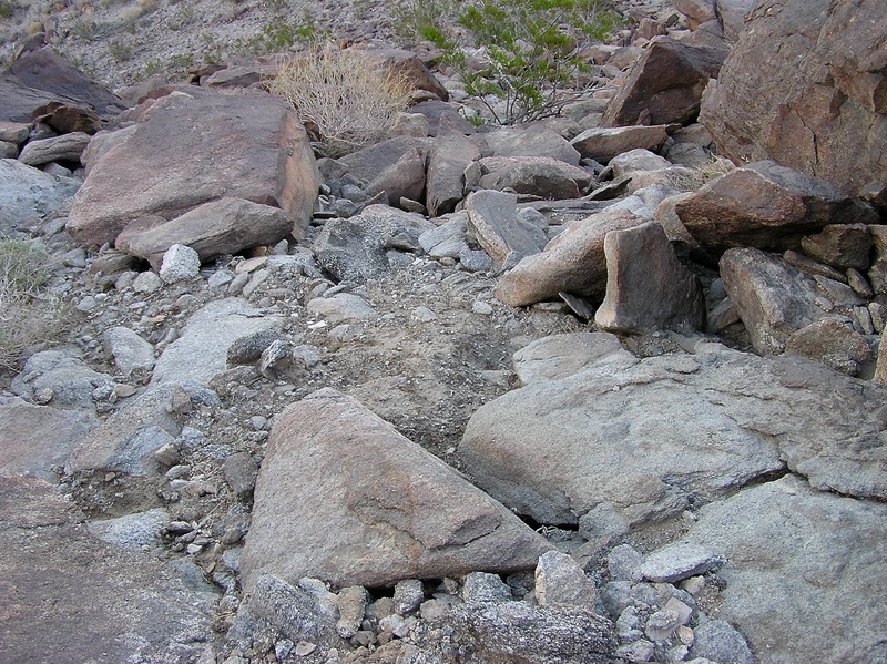 The confluence point lies on this steep, rocky hillside, about 1000' above the surrounding desert
