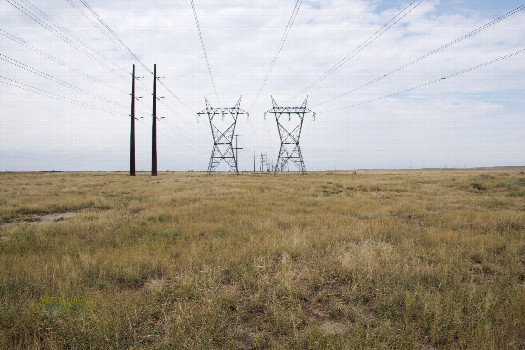 #1: The confluence point lies in grassland, under high-voltage power lines.  (This is also a view to the North.)