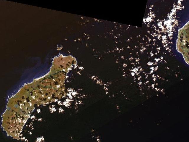 Satellite View (confluence at crosshairs, Kauai to the right, Niihau and Lehua to the left)