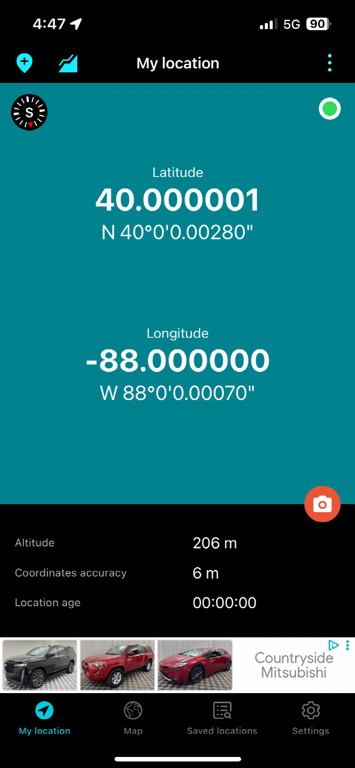 A screenshot of the GPS app, showing all zeros for 88&deg;W and very close for 39&deg;N (as well as altitude of 206 m and accuracy)