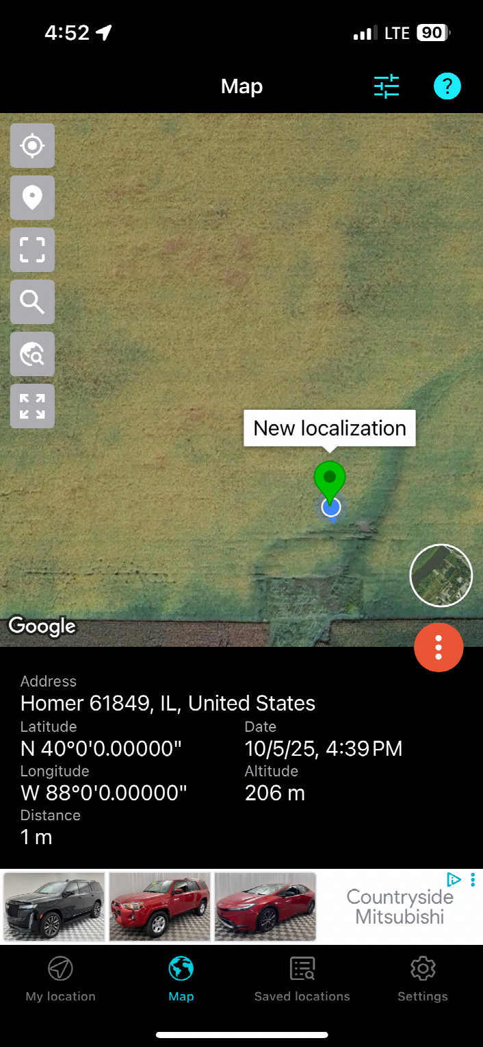 Another screenshot of the GPS app in relation to the set location of the confluence, showing my distance away from the point.