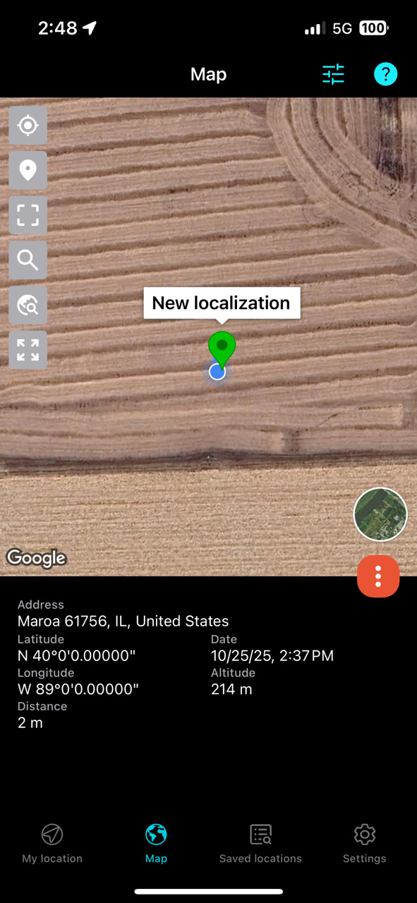 Another screenshot of the GPS app in relation to the set location of the confluence, showing my distance away from the point and an elevation of ~700 feet (210 m).