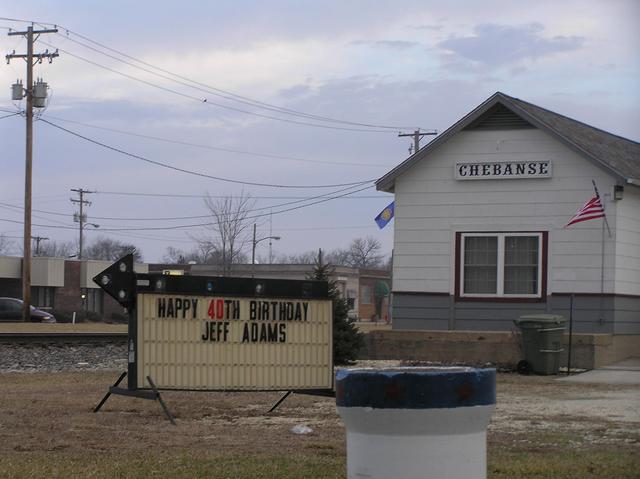 Nearest town to confluence:  Chebanse.  Railroad station.  Happy Birthday Jeff!