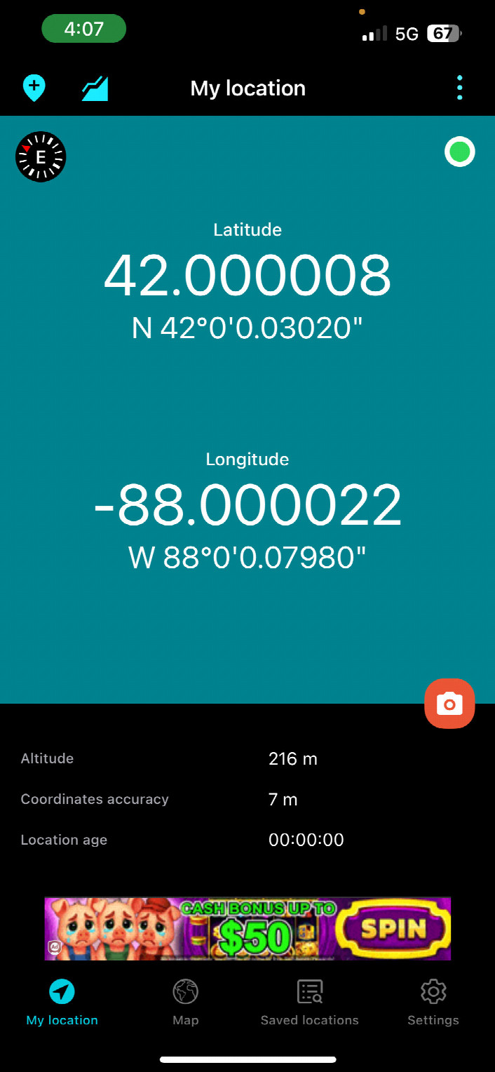 A screenshot of my GPS app, as close as I could get in a slight rush, showing an accuracy of 7 m.