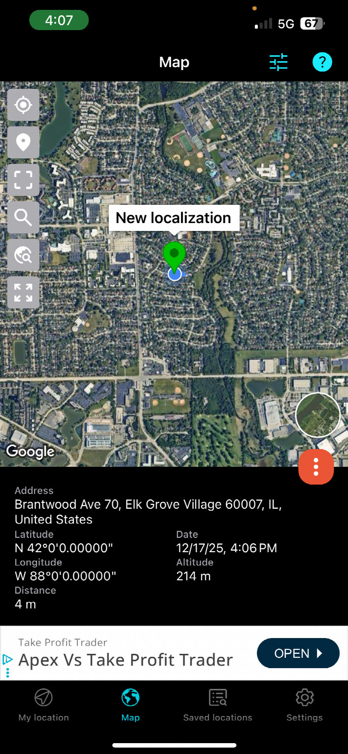 Another screenshot of my GPS app, showing my distance from the point of 4 m (and an elevation of 214 m [702 ft]).