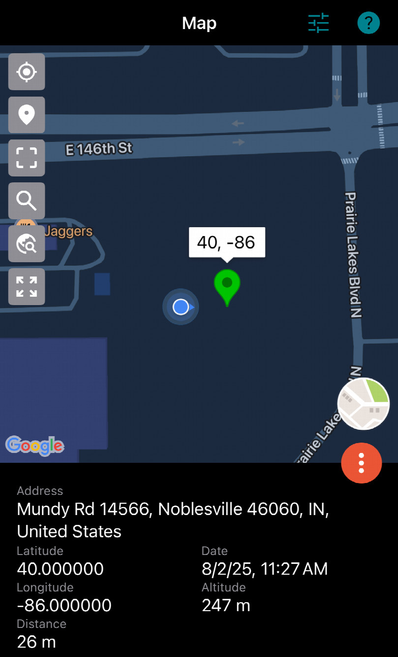 Screenshot of GPS app depicting nearest distance of 26m to confluence