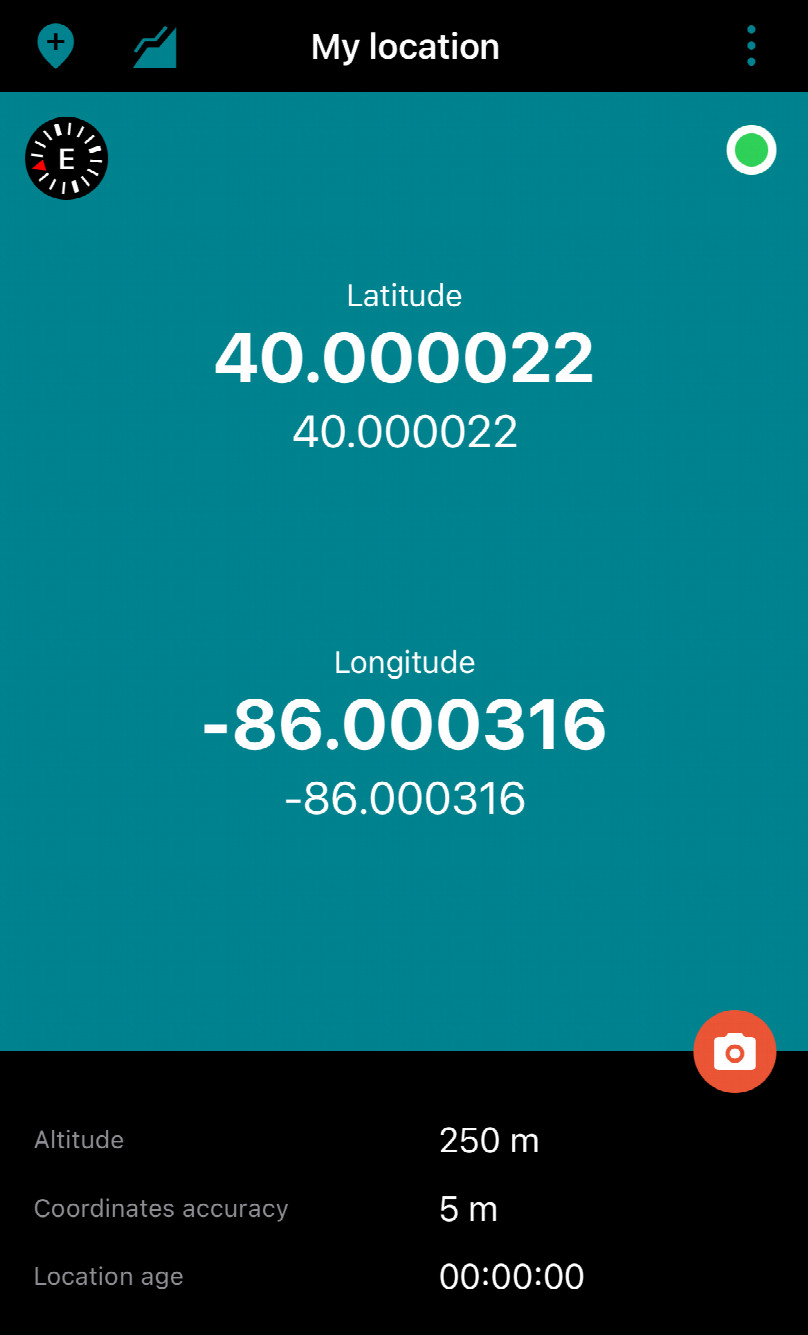 Screenshot of GPS app depicting coordinates and accuracy