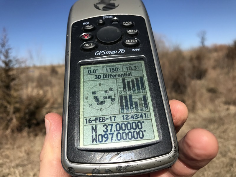 GPS reading at the confluence of 37 North 97 West.