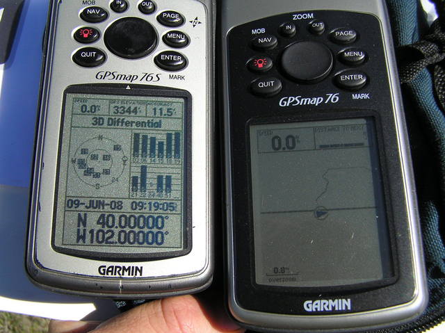 GPS receivers at confluence; the right receiver shows hiking path into Kansas from Nebraska.