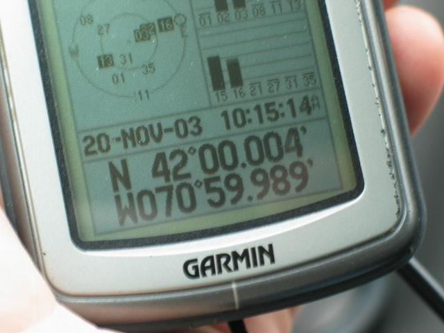 The GPS at 55 feet from the confluence (about 28-foot accuracy)...