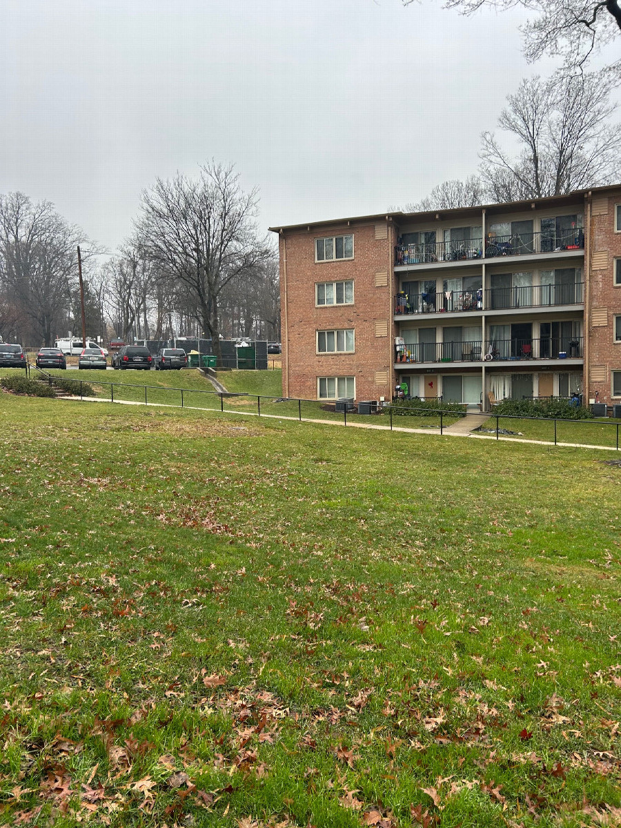 A view to the north from the confluence, toward other buildings in the complex.