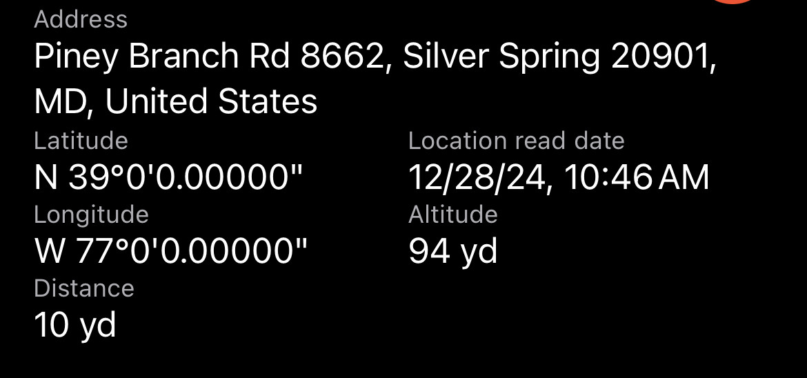 Another screenshot of the GPS app in relation to the set location of the confluence, showing our distance away from the point.