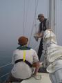 #7: The captain, Steve Culver, raises the radar reflector at the start of the journey