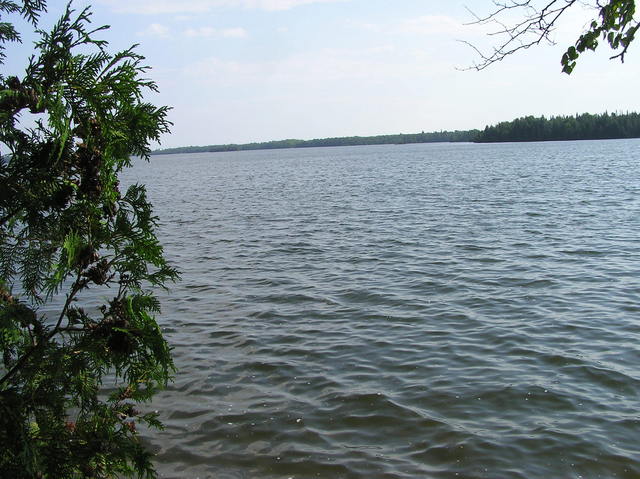 A view from Caribou Lake's boat ramp. The confluence point lies 0.65 miles away