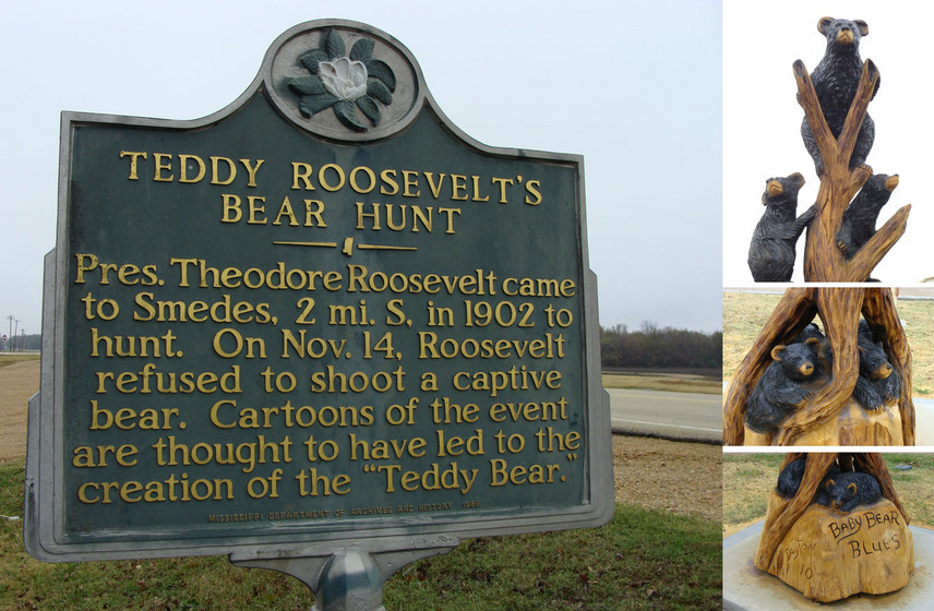 Historic marker at the Onward Store still tells “Teddy Bear” story, while newly carved bears can be found in the nearby town of Rolling Fork, MS.