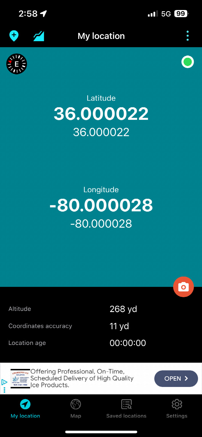 A screenshot of the GPS app, indicating we were very close to both 36N and 80W (as well as altitude of 188 m and accuracy)