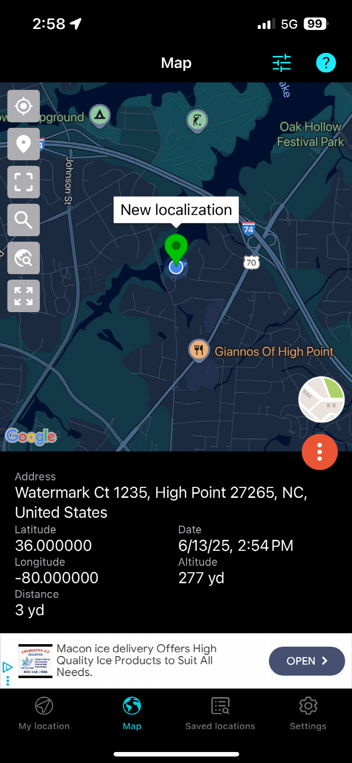Another screenshot of the GPS app in relation to the set location of the confluence, showing our distance away from the point.