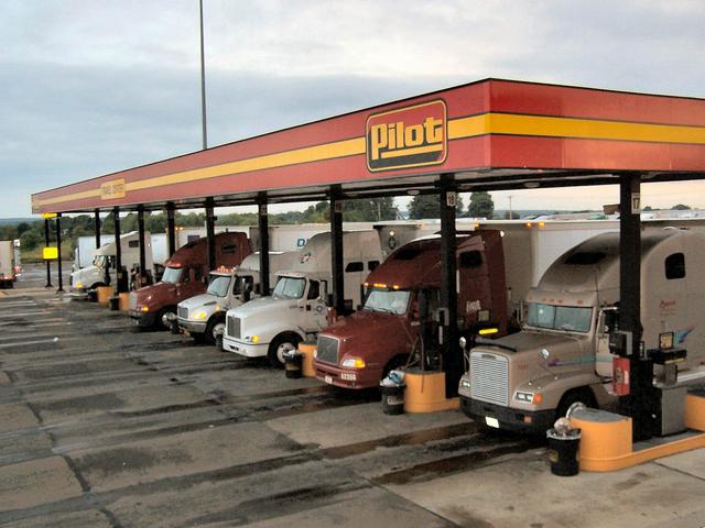 Trucks fueling up at the Pilot Travel Center.