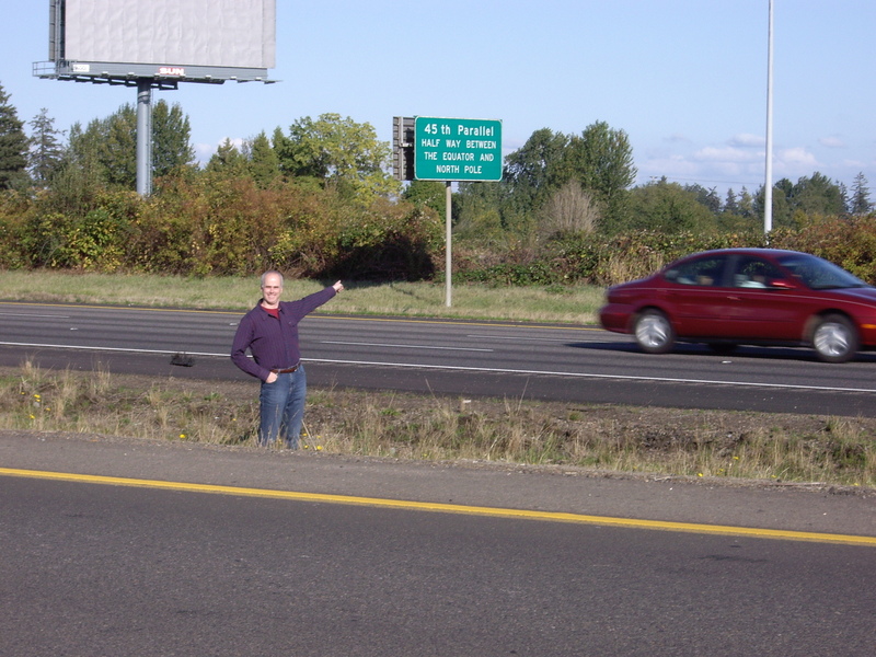 Nearby 45th parallel sign on I-5 on my 45th birthday