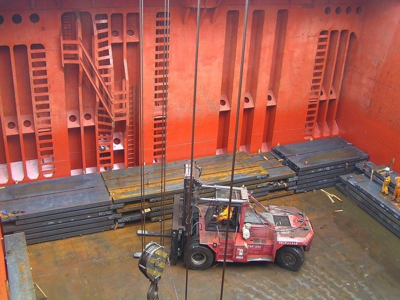 Steel slabs stowed in one of the ship's cargo holds
