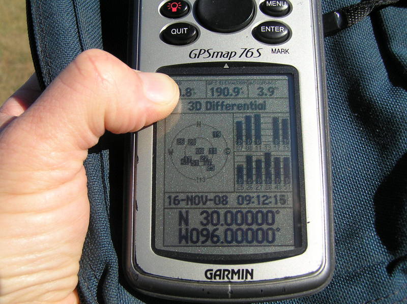 GPS reading at the confluence.  A few minutes later, we were reading 12 GPS satellites!