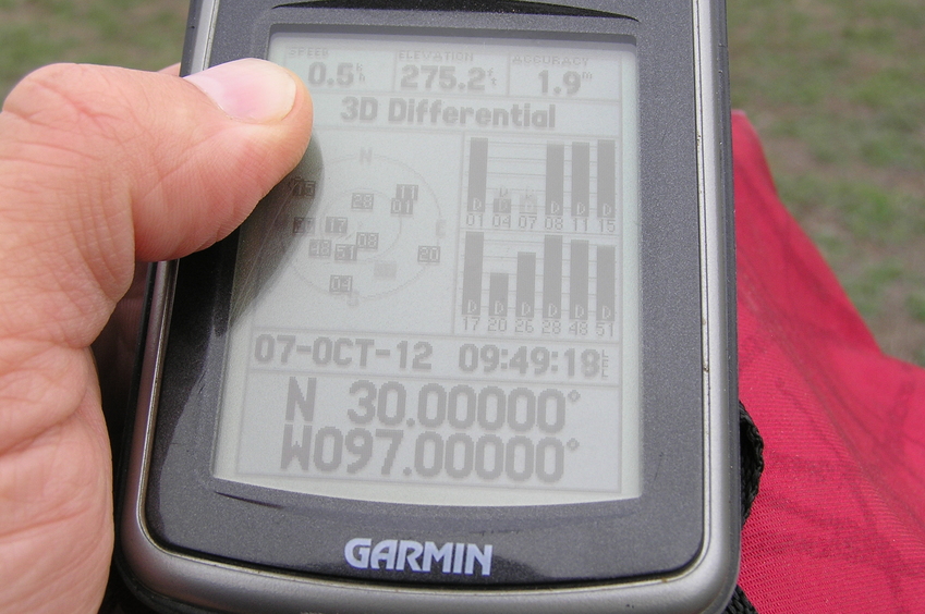 GPS reading at the confluence point, under open Texas skies reading 12 satellites.
