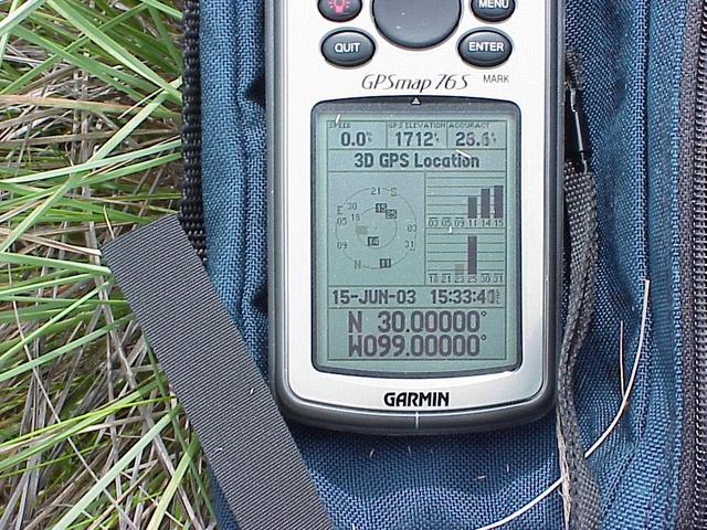 GPS receiver showing coordinates at 30 North 99 West.
