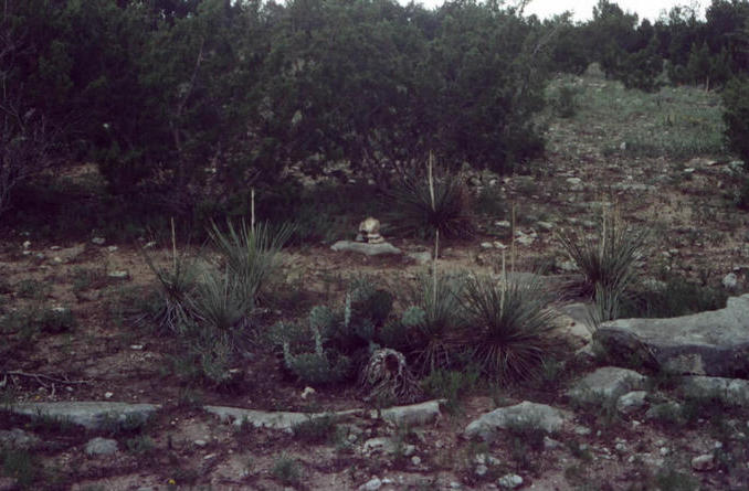 Cairn at the spot; cactus and yucca in foreground