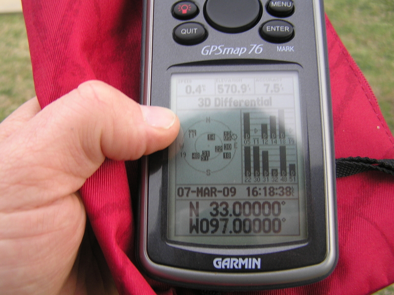 GPS reading at the confluence of 33 North 97 West.