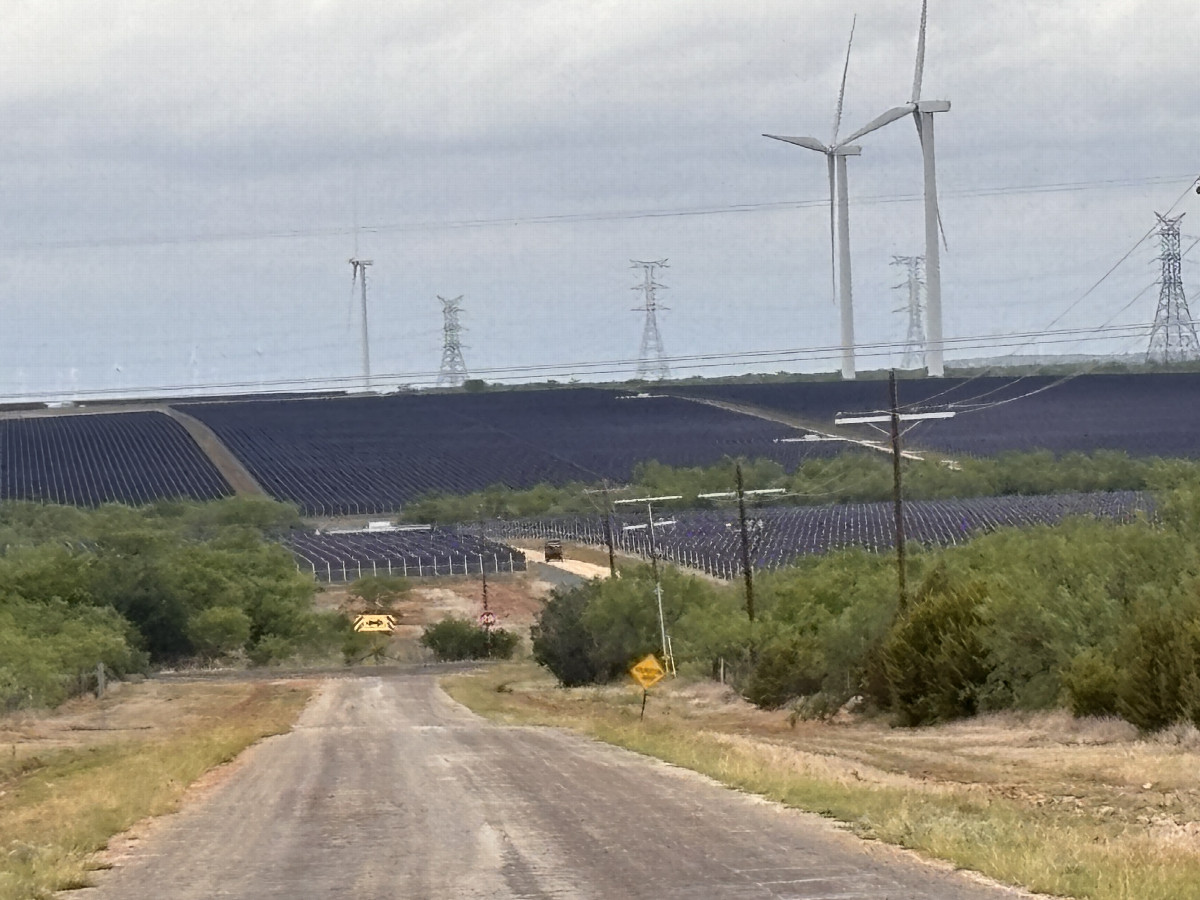 Massive wind and solar arrays to the southeast of the confluence.