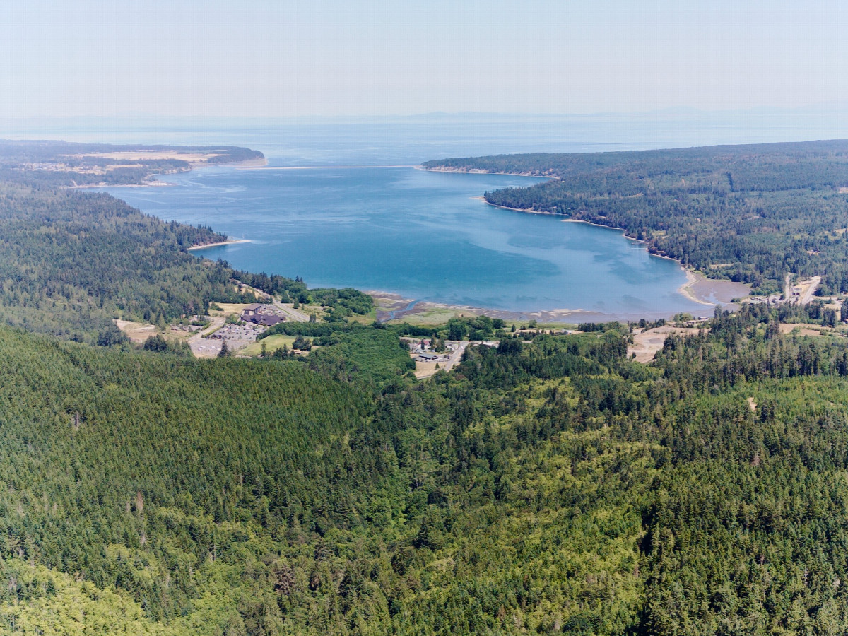 A closeup view (to the North) of Sequim Bay and the Strait of Juan de Fuca, from 120m above the point