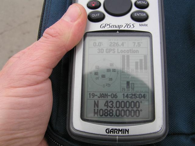 GPS reading at the confluence site; note that my local GPS time is set to Mountain Time, 1 hour earlier.