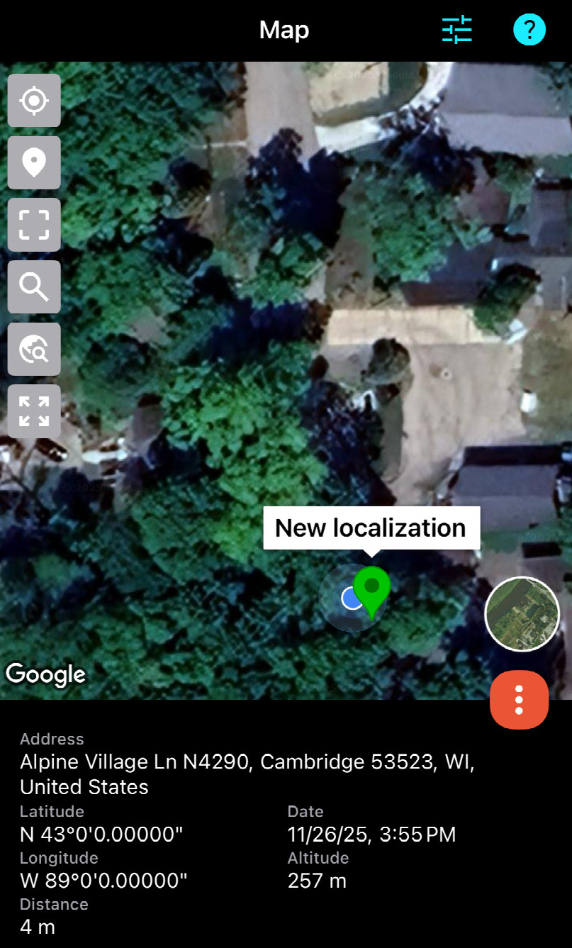 Another screenshot of the GPS app in relation to the set location of the confluence, showing my distance away from the point.