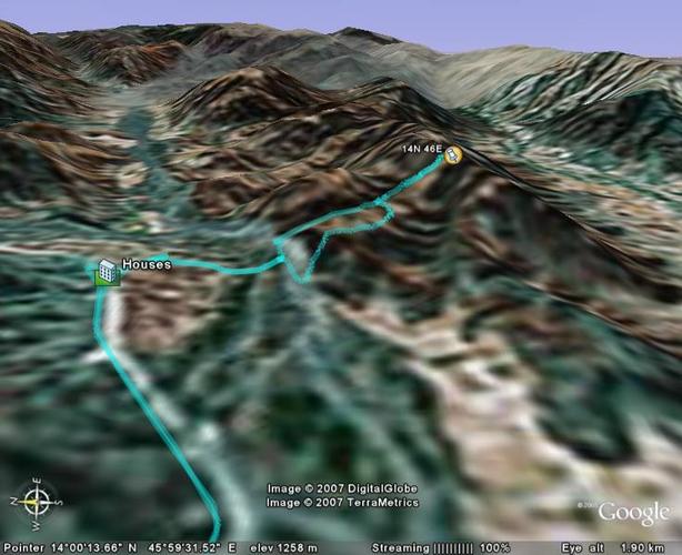 Google Earth (c) outline of the terrain and routes